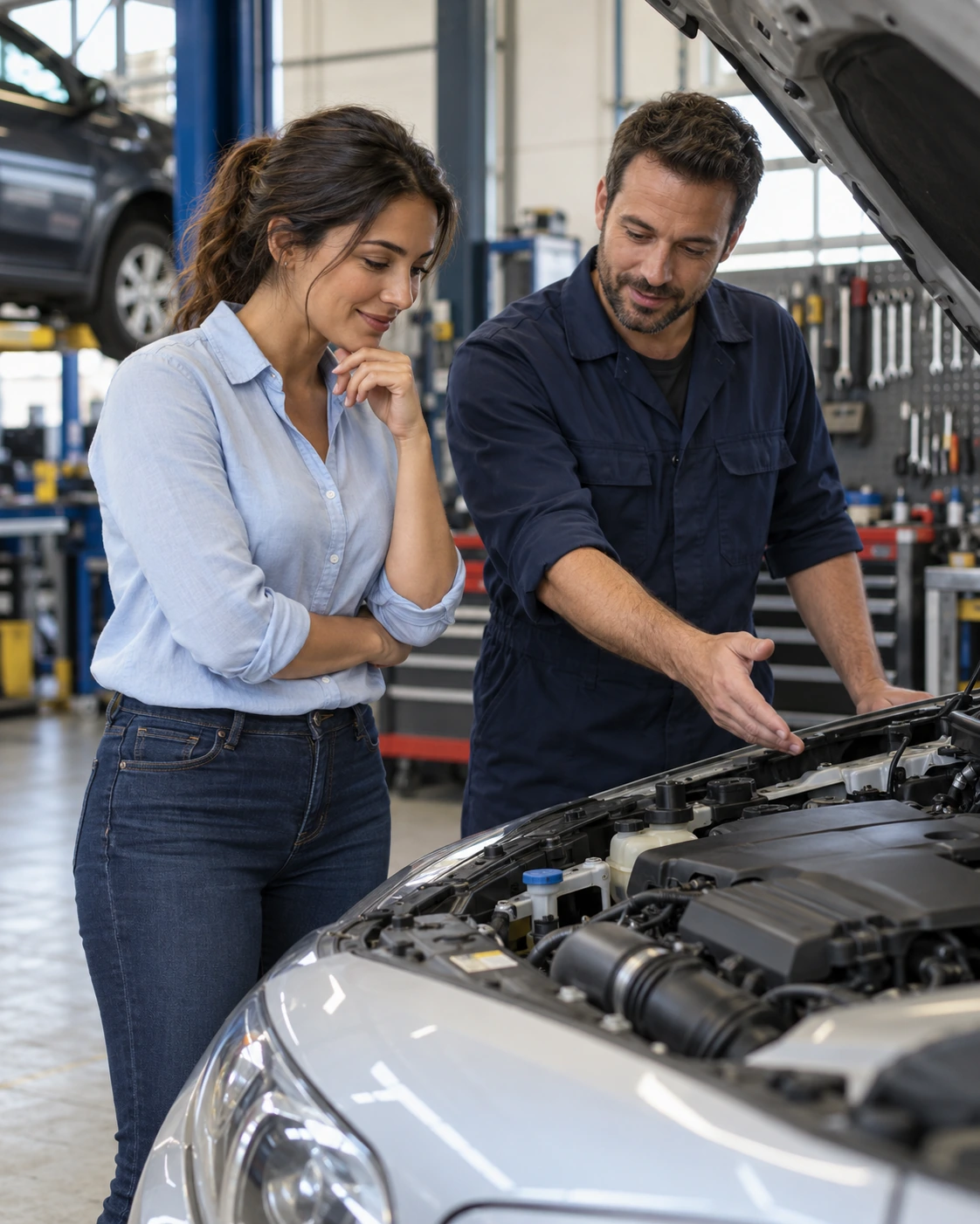 A woman and a mechanic looking into the engine bay together