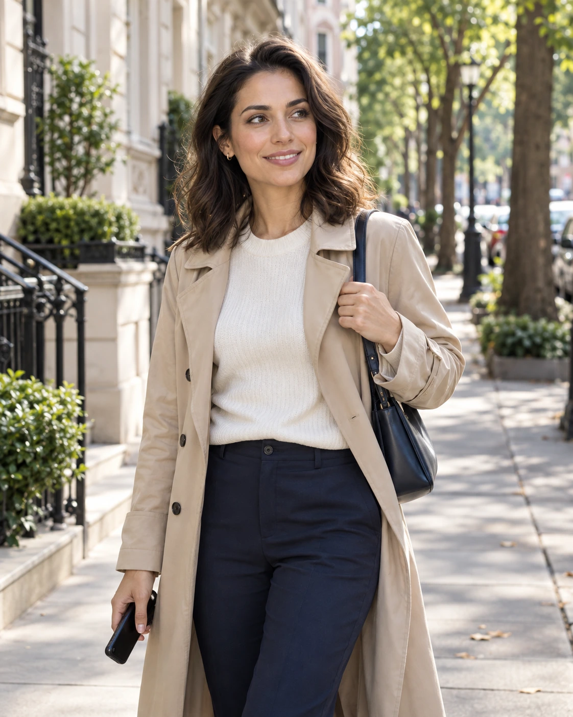 A woman walking through a city neighborhood, phone in hand