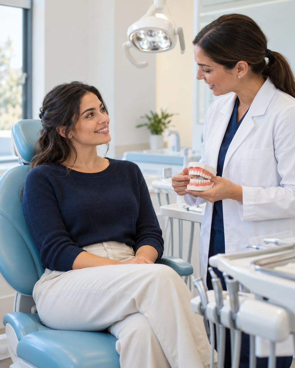 A patient talking with her dentist in the clinic