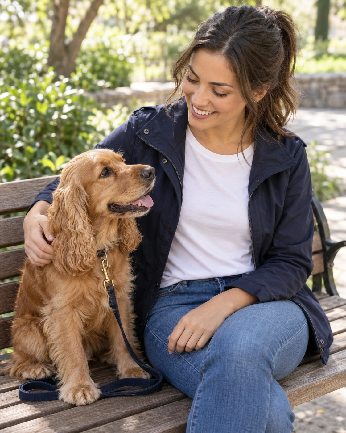 A woman on a park bench with her dog