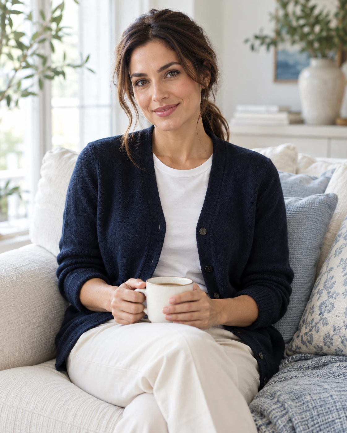 A woman at home on a sunny morning with a cup of coffee