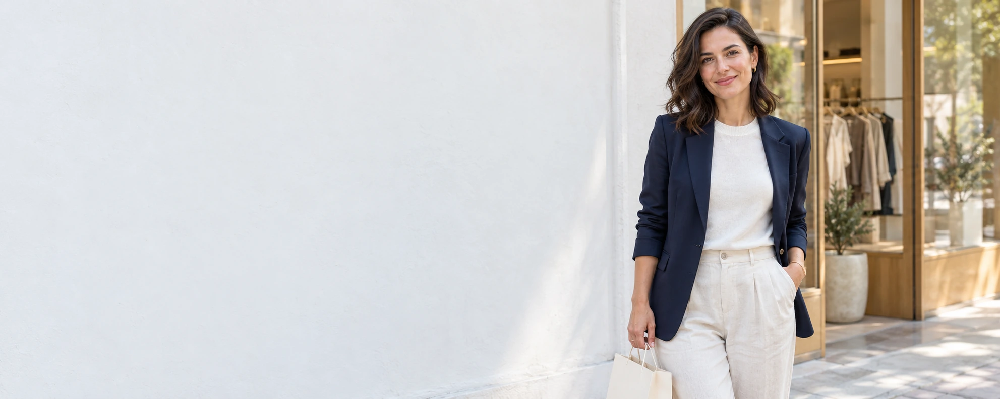 A woman smiling outside a boutique on a sunny street