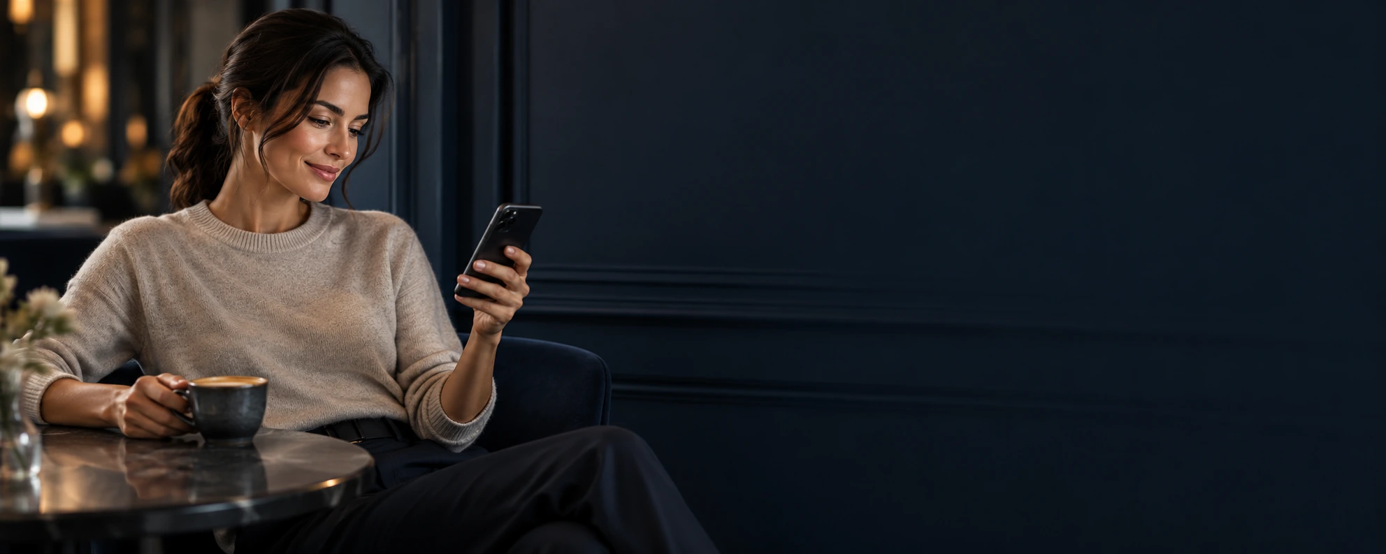 A woman comparing options on her phone in a café at night
